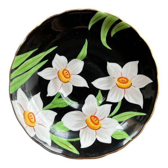 Tuscan Tea Cup & Saucer Set Black w White Daffodils Fine Bone China England EUC - Picture 10 of 10